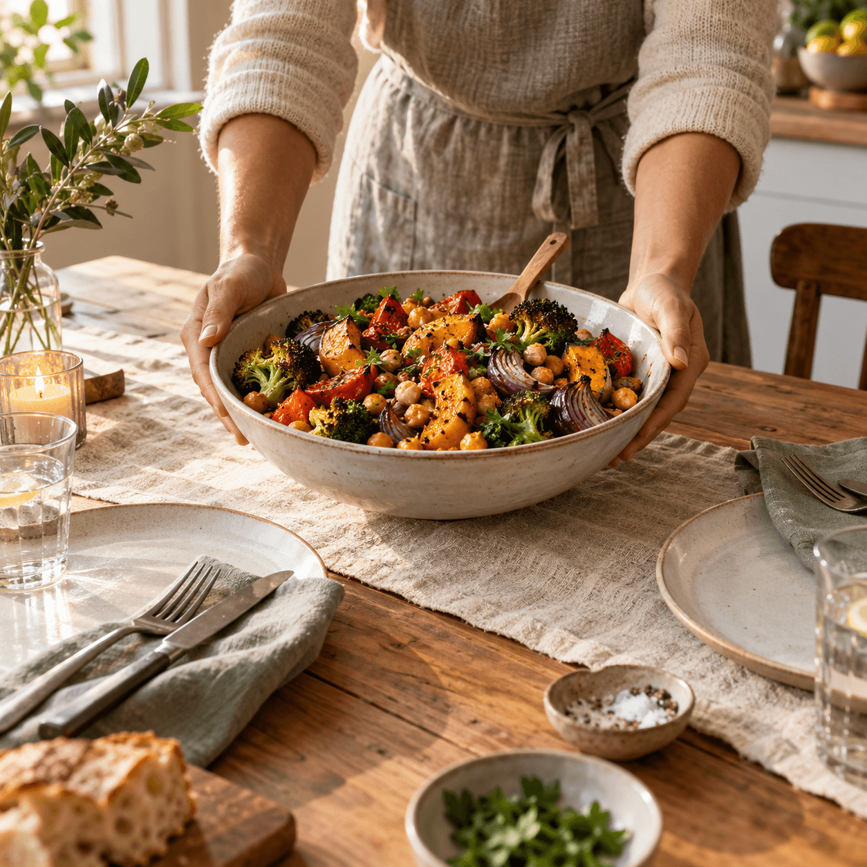 Conceptual image of hands sharing a vegetable dish at the table